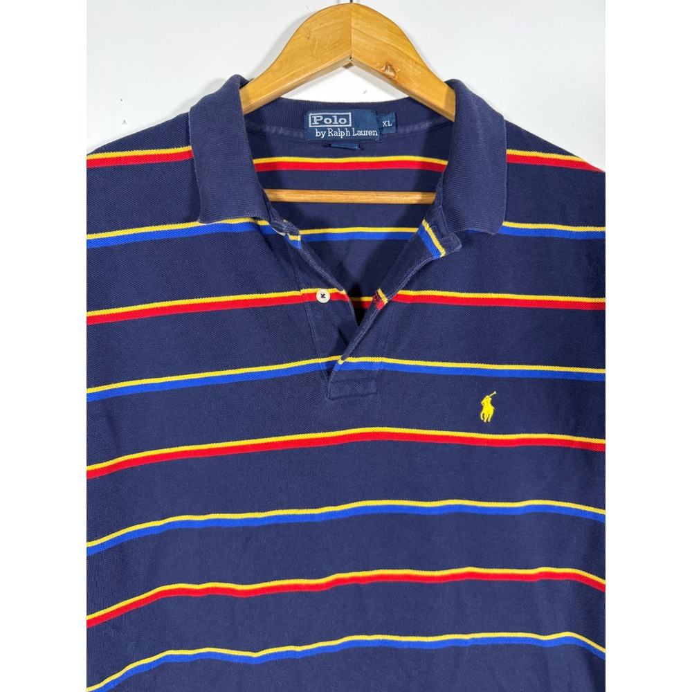 Polo Ralph Lauren Mens XL Navy Blue Striped Pique Cotton Short Sleeve Polo Shirt